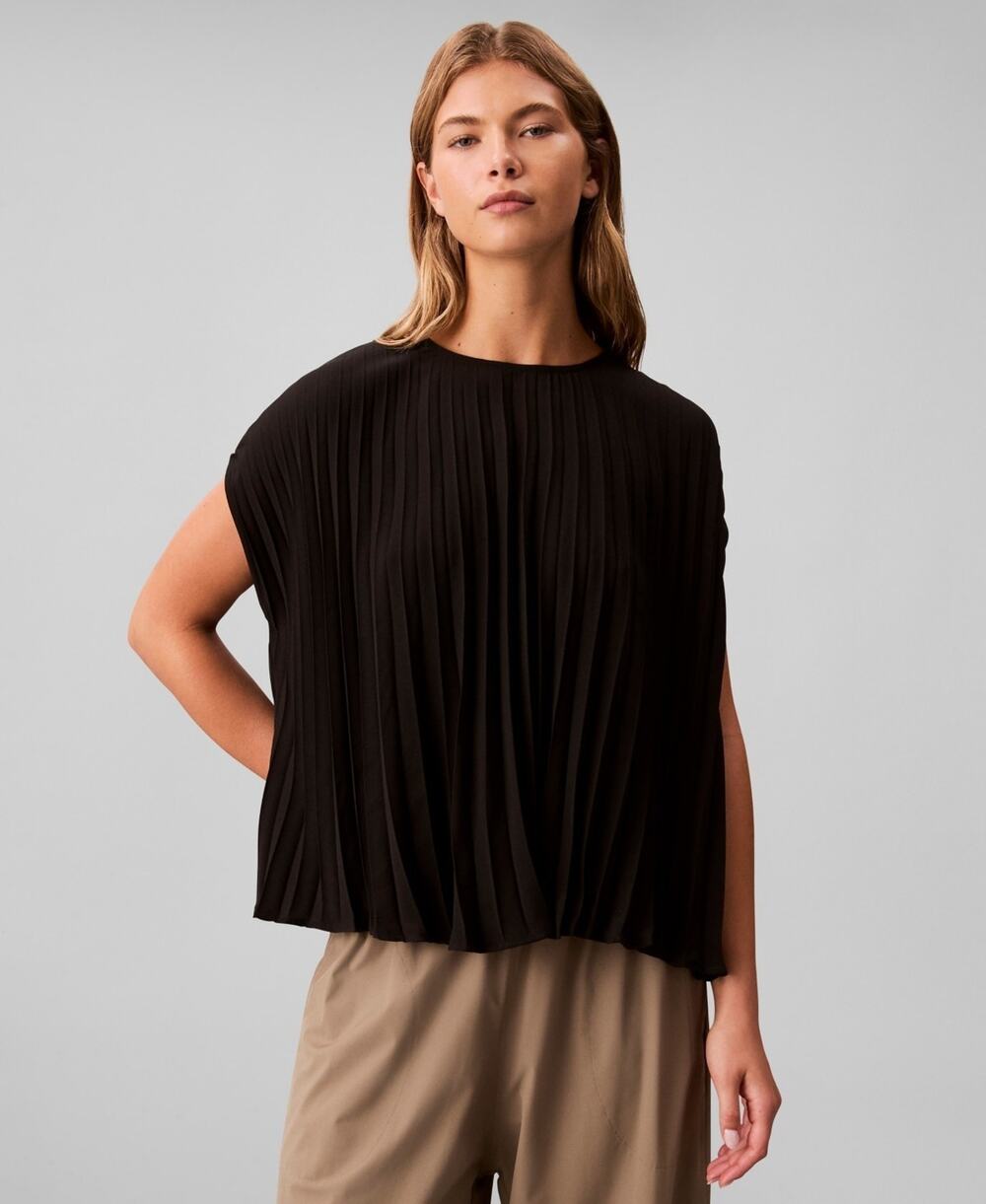 Calvin Klein Top Women Small Black Pleated Short Sleeve Blouse Modest Preppy NWT